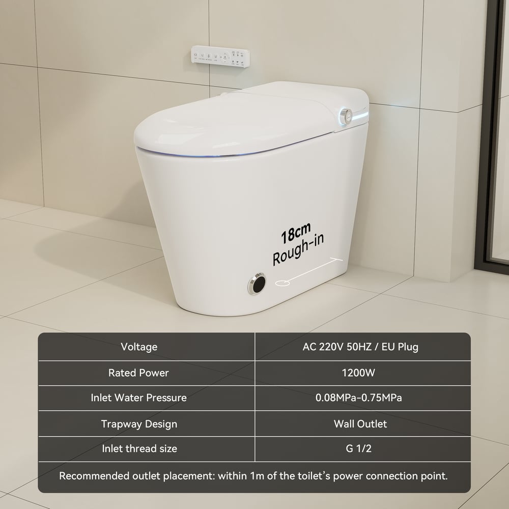 Glowin K3 eendelig verlengd smart toilet met ingebouwd reservoir, aromatherapie en 5L spoeling Afbeelding met gewichten en afmetingen