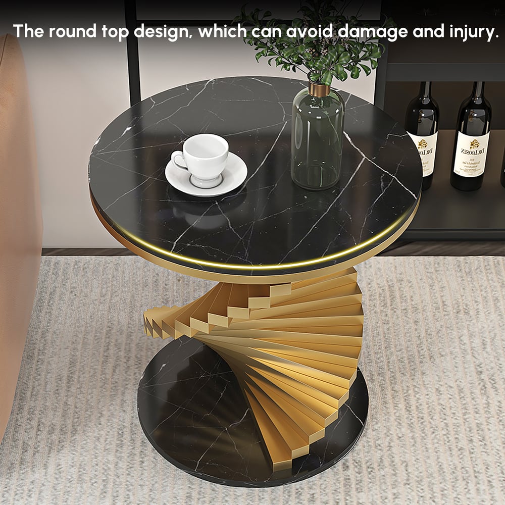 Modern 50 cm Round Black Faux Marble Gold Spiral End Table window image