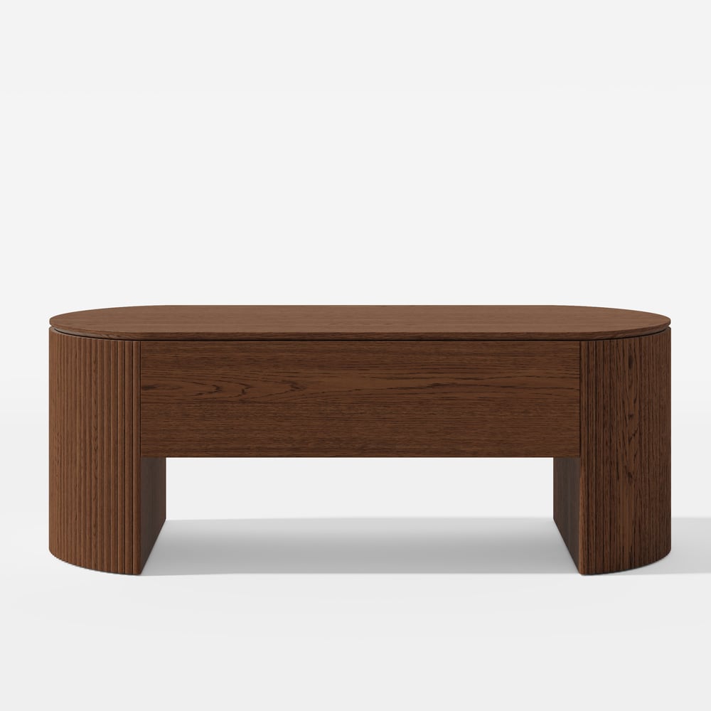Moderner ovaler höhenverstellbarer Couchtisch aus Nussbaum mit Rillen, 120 cm Schaufensterbilder