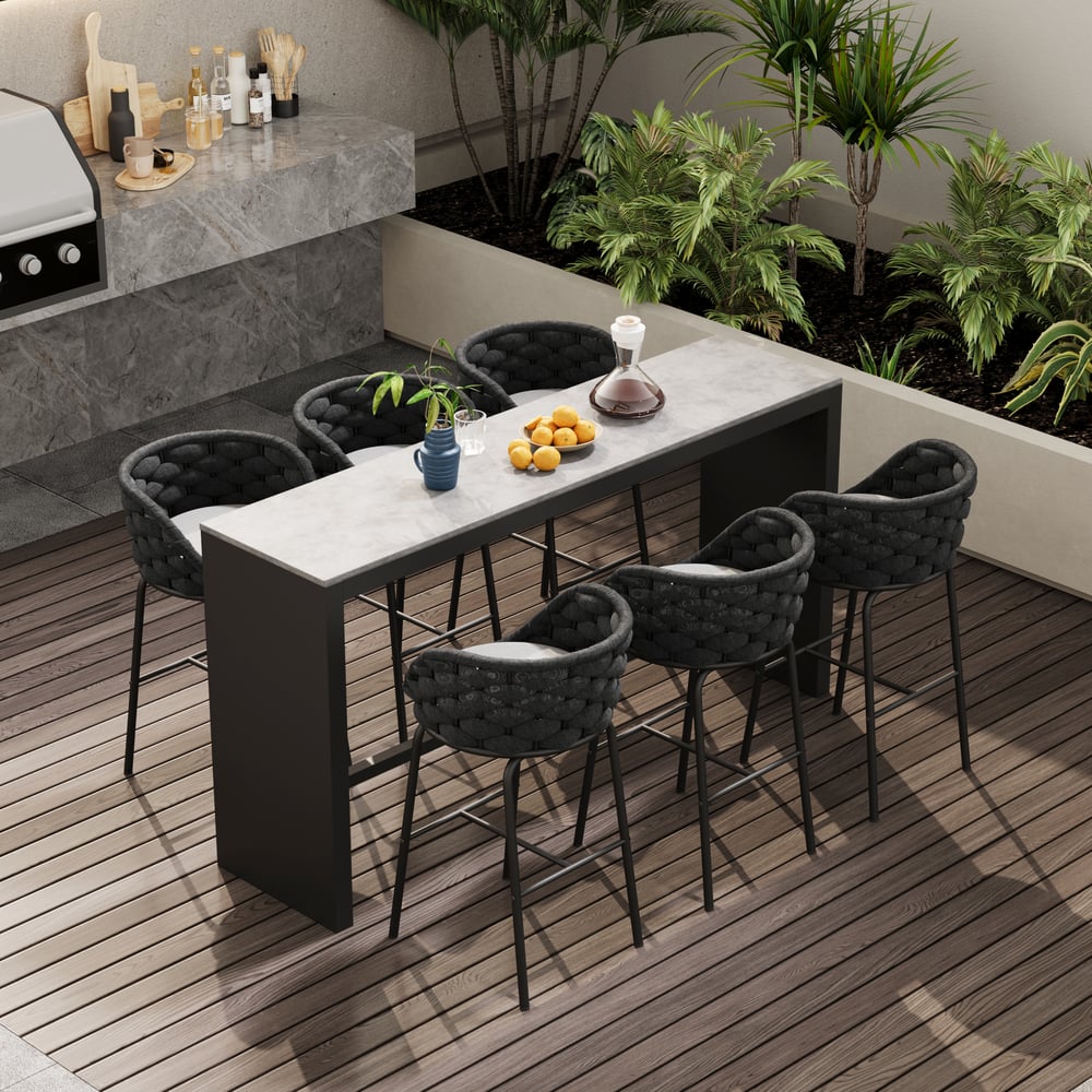 7-Piece Outdoor Sintered Stone & Aluminium Bar Dining Set with 6 Bar Stools in Dark Grey window image