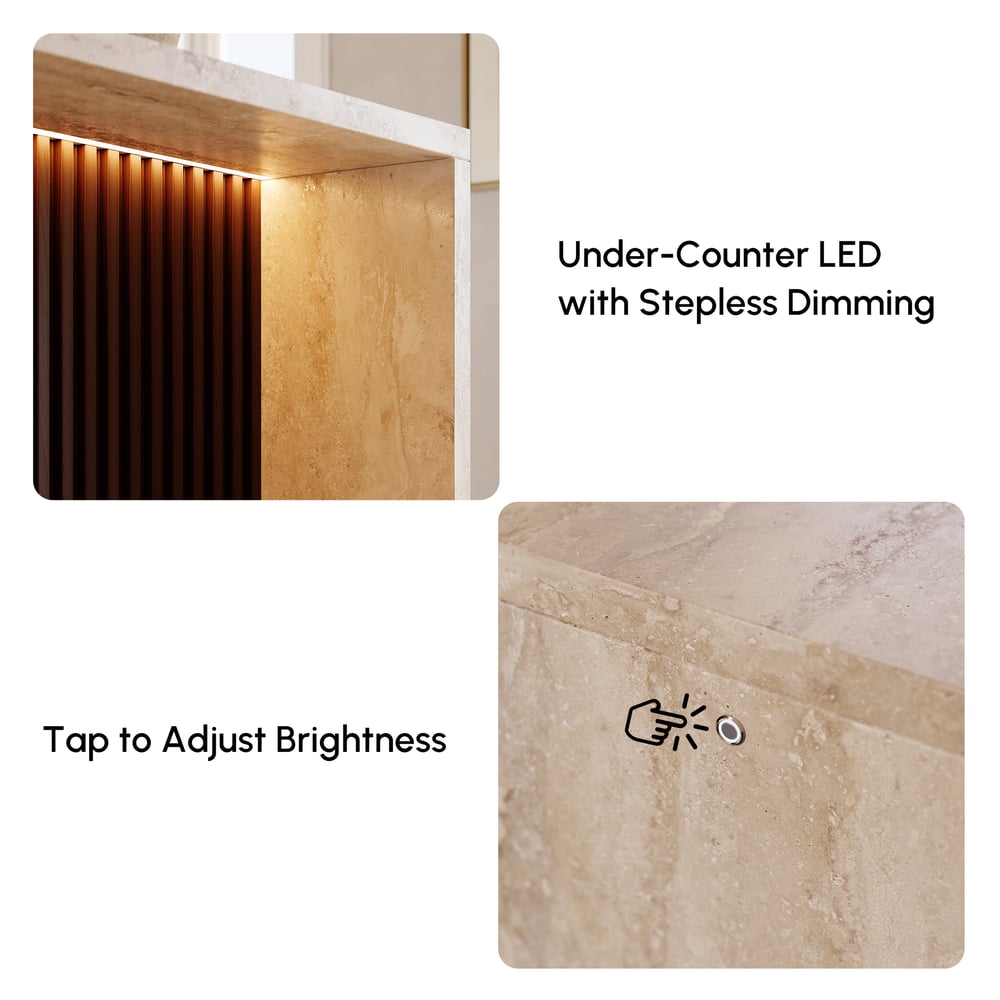 Îlot de cuisine moderne en travertin mat de 72 pouces avec rangement et lumière LED, bord cascade image de fenêtre