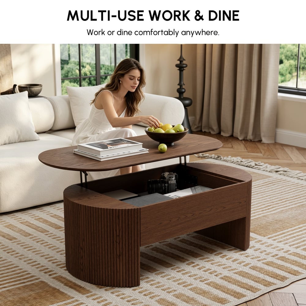 Moderner ovaler höhenverstellbarer Couchtisch aus Nussbaum mit Rillen, 120 cm Schaufensterbilder