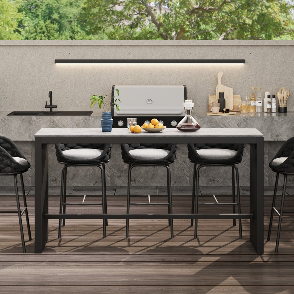 7-Piece Outdoor Sintered Stone & Aluminium Bar Dining Set with 6 Bar Stools in Dark Grey window image