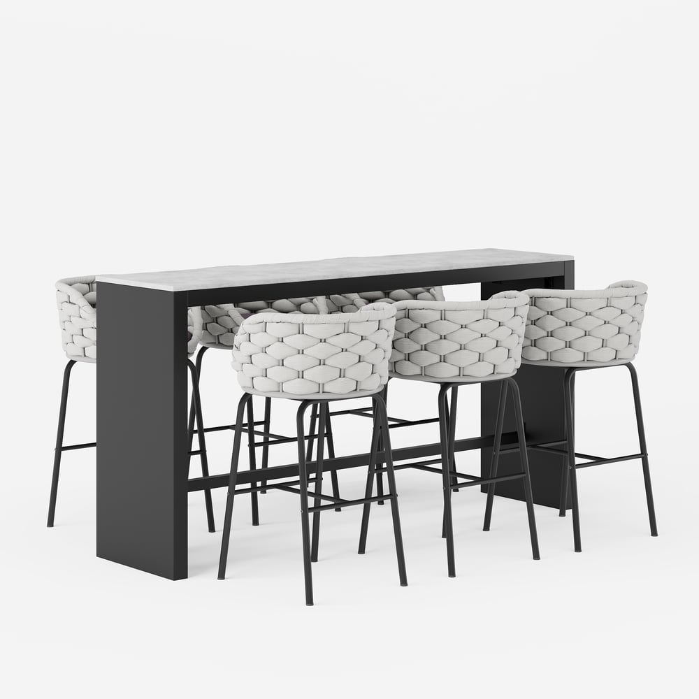 7-Piece Outdoor Sintered Stone & Aluminum Bar Dining Set with 6 Bar Stools in Light Gray window image