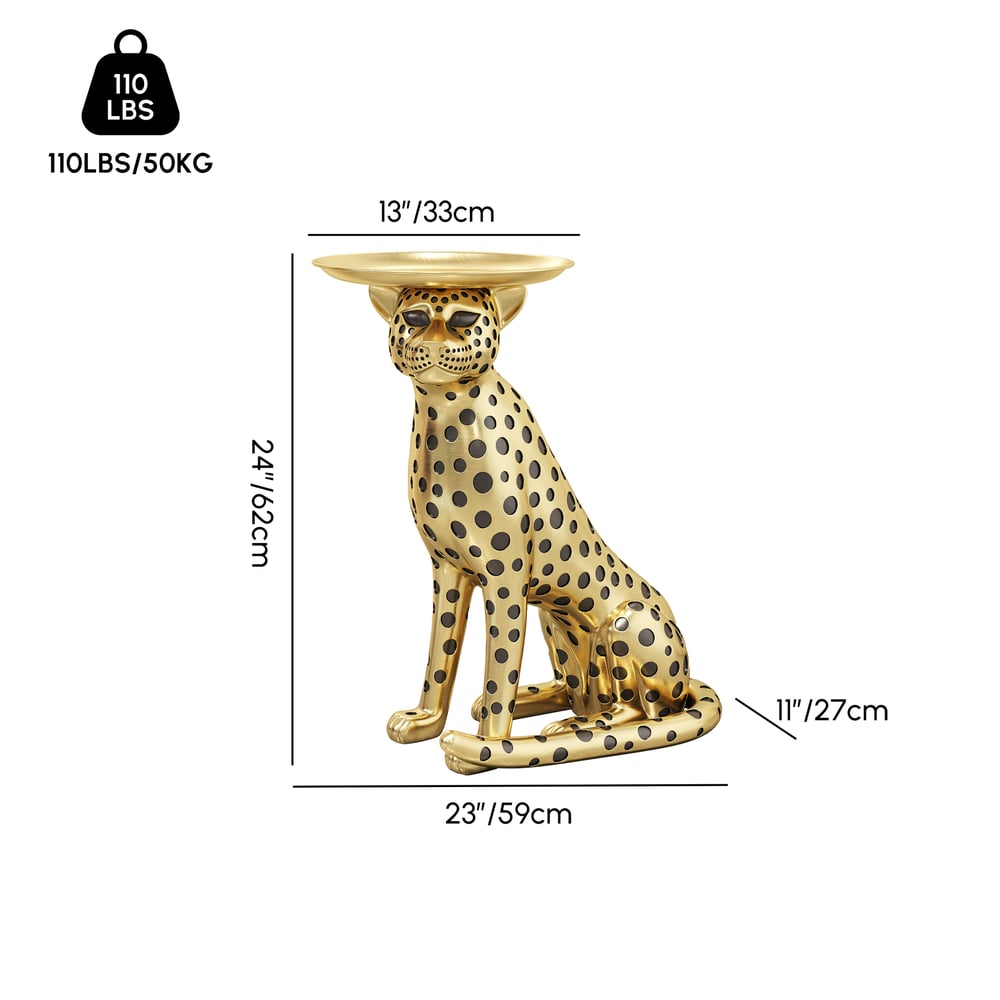 Table d’appoint ronde Art Déco 33 cm avec figurine de panthère dorée et plateau Poids, dimensions, image