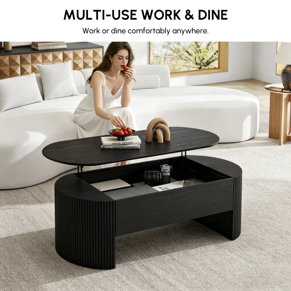 Mesa de café moderna oval preta de 1200 mm com tampo elevatório de meados do século Imagem da janela