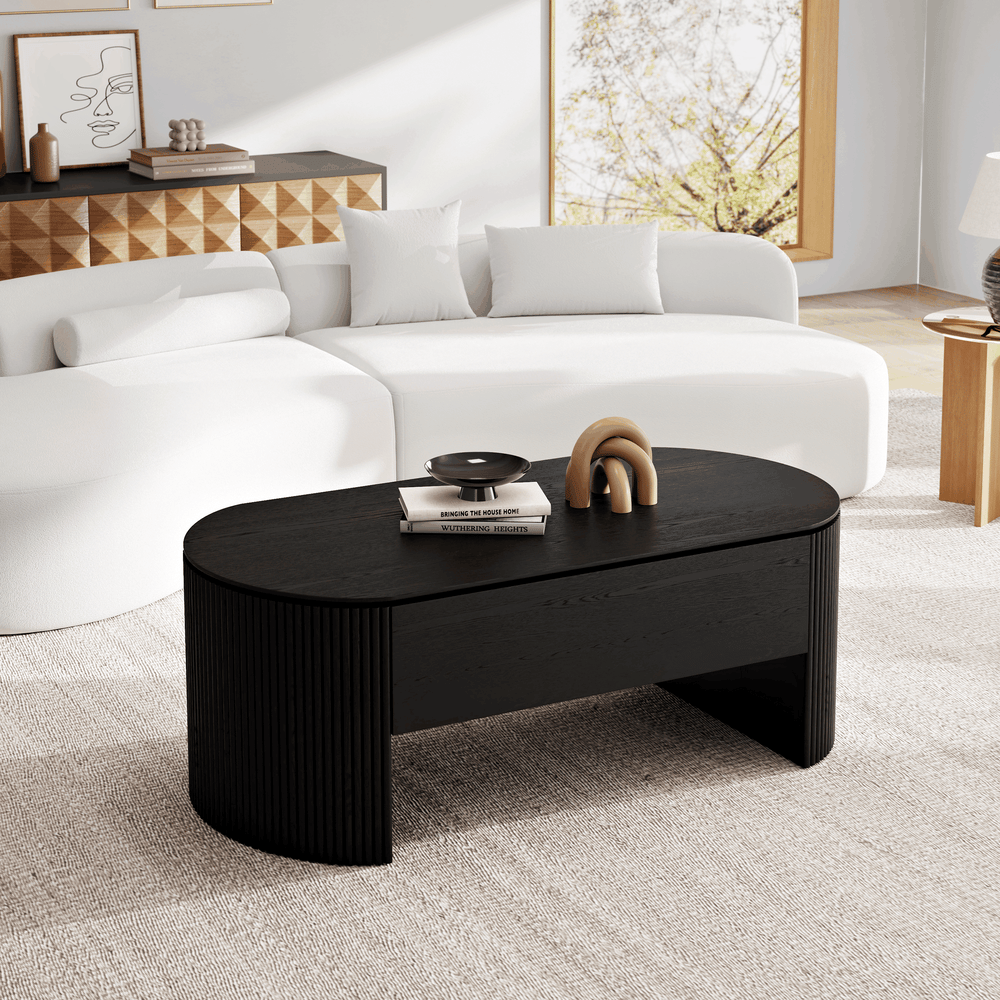 Mesa de café moderna oval preta de 1200 mm com tampo elevatório de meados do século Imagem da janela