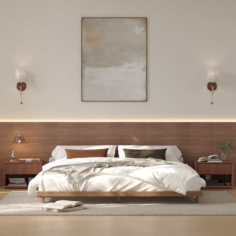 Japanese Style Queen Floor Wood Bed in Walnut window image