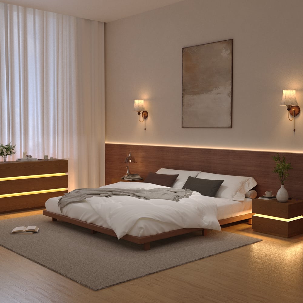 Japanese Style Queen Floor Wood Bed in Walnut window image