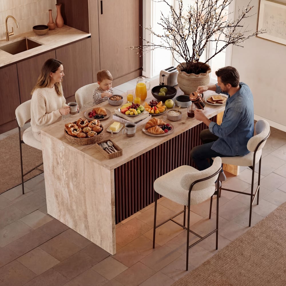 Îlot de cuisine moderne en travertin mat de 72 pouces avec rangement et lumière LED, bord cascade image de fenêtre