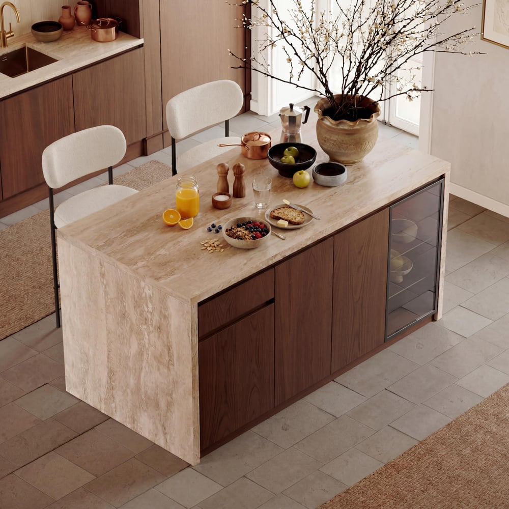 Îlot de cuisine moderne en travertin mat de 72 pouces avec rangement et lumière LED, bord cascade image de fenêtre