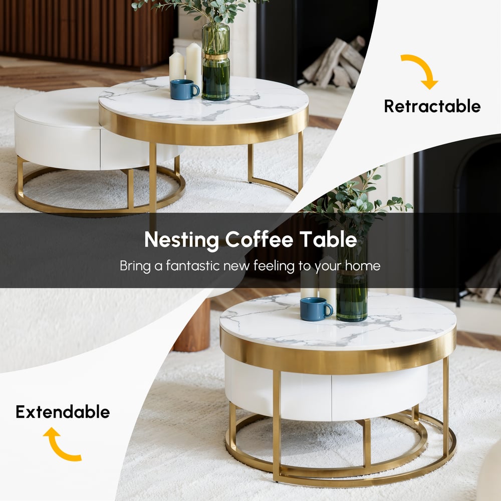 Nesnesis 28"-32" Round Nesting Coffee Table Set with Sintered Stone Top & 2 Drawers window image