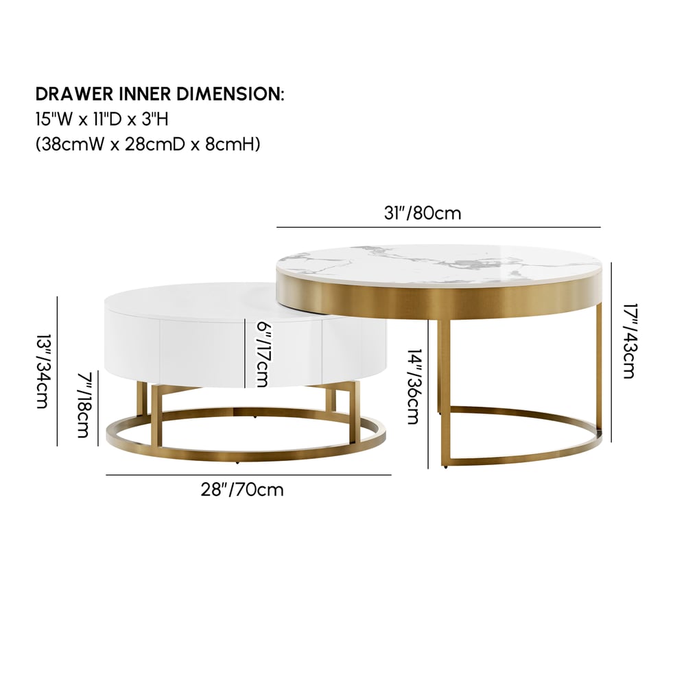 Nesnesis 28"-32" Round Nesting Coffee Table Set with Sintered Stone Top & 2 Drawers weights dimensions image