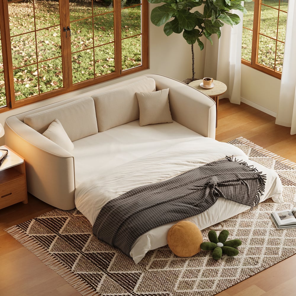 80" Queen 3-Seater Chenille Fold-Down Sleeper Sofa with Removable Cover window image