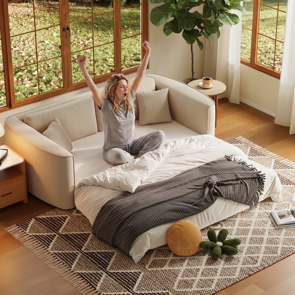 80" Queen 3-Seater Chenille Fold-Down Sleeper Sofa with Removable Cover window image