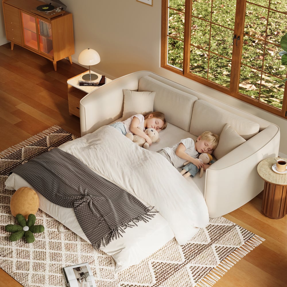 80" Queen 3-Seater Chenille Fold-Down Sleeper Sofa with Removable Cover window image