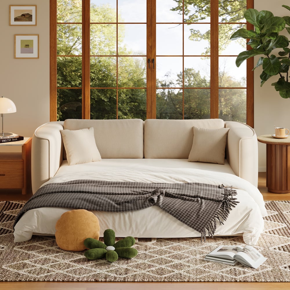 80" Queen 3-Seater Chenille Fold-Down Sleeper Sofa with Removable Cover window image