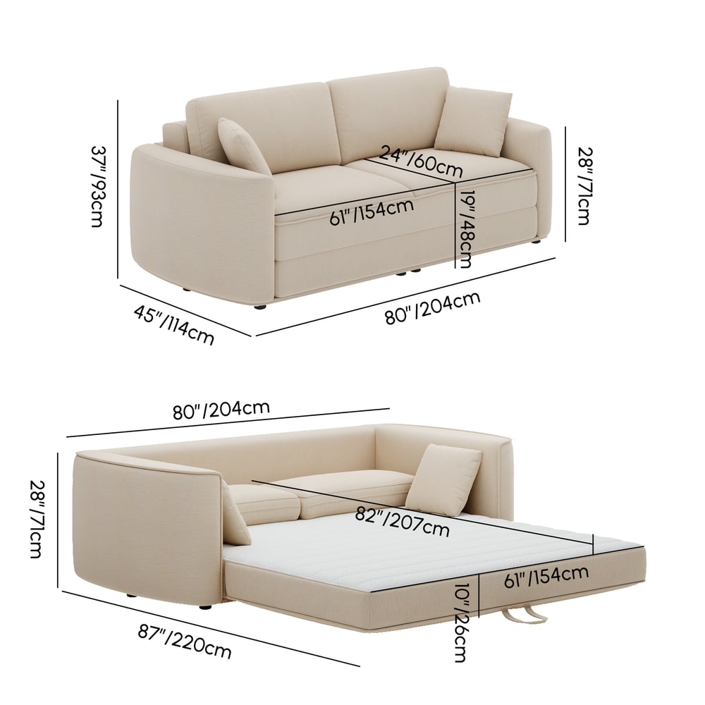 80" Queen 3-Seater Chenille Fold-Down Sleeper Sofa with Removable Cover weights dimensions image