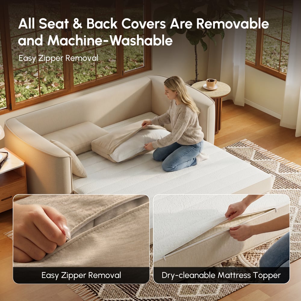 80" Queen 3-Seater Chenille Fold-Down Sleeper Sofa with Removable Cover window image