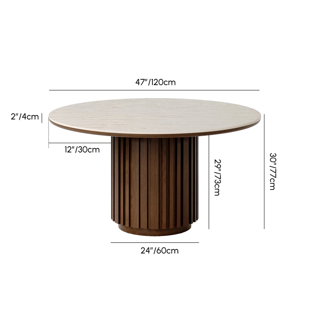 Table à manger ronde Aura de 119 cm en pierre frittée imitation travertin, base cannelée, 4 places Poids, dimensions, image