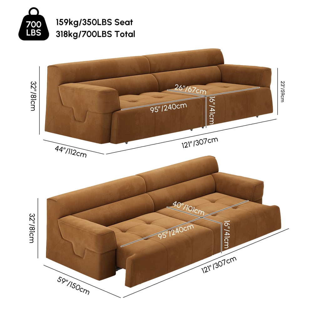 121" 2-Seater Performance Velvet Power Convertible Sleeper Sofa weights dimensions image