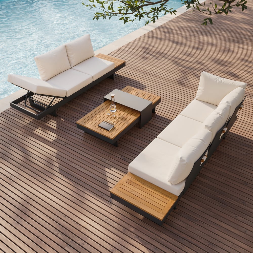 Set divano modulare da esterno Tevara in teak e alluminio a 4 pezzi per 6 persone, avorio con copertura nera Immagine della finestra