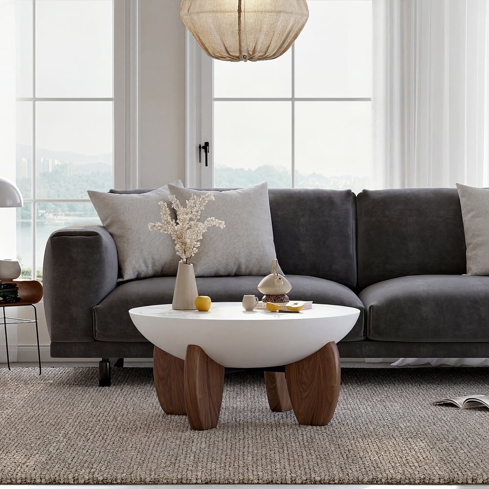 Curva 75 cm Round Concrete Walnut Coffee Table with Wood Legs window image