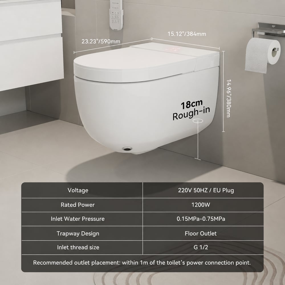 Automatisch aan de muur gemonteerd slim bidettoilet met UV-sterilisatie en dubbele spoeling Afbeelding met gewichten en afmetingen