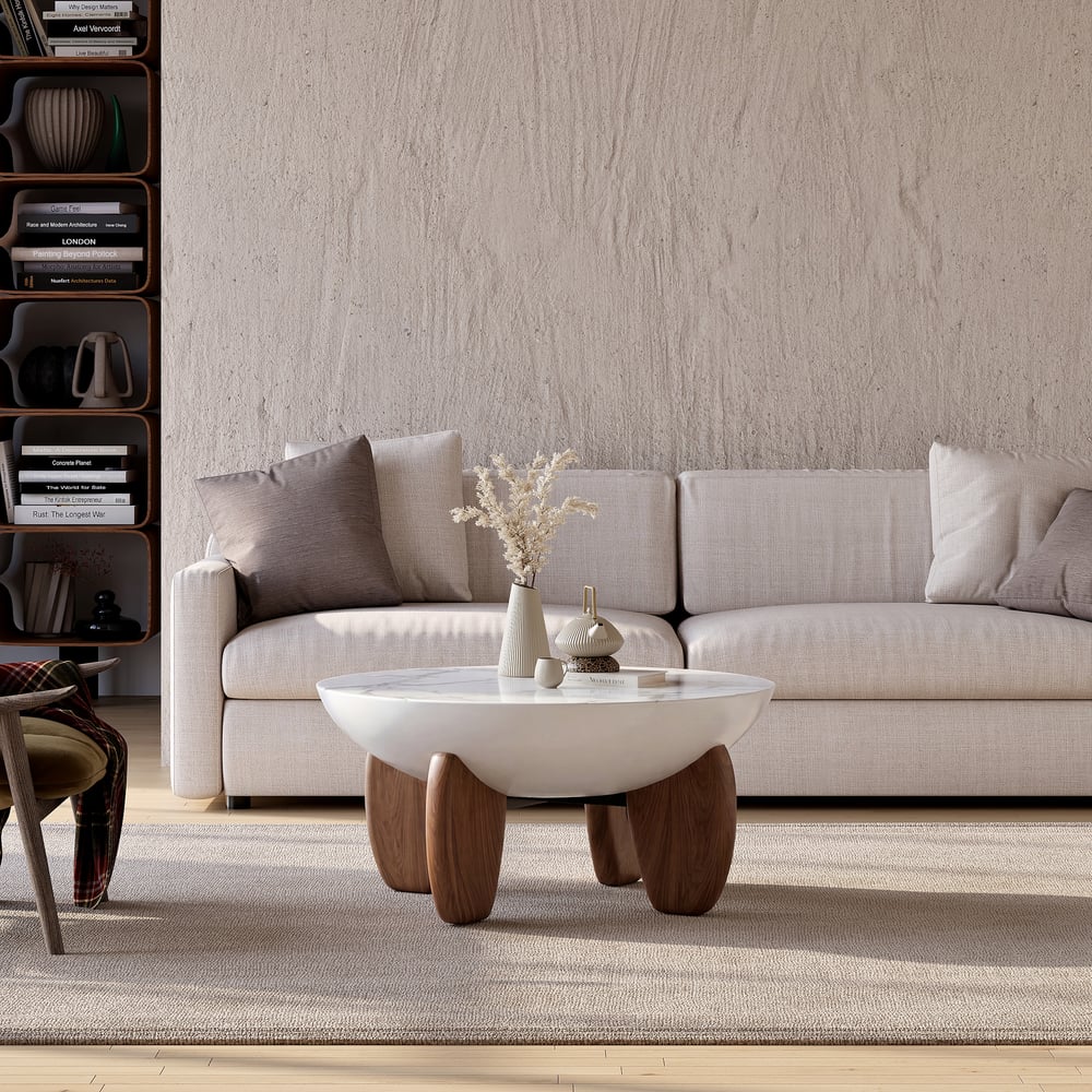 Curva 75 cm Round Concrete Walnut Coffee Table with Wood Legs window image