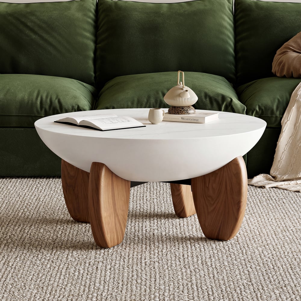 Curva 75 cm Round Concrete Walnut Coffee Table with Wood Legs window image