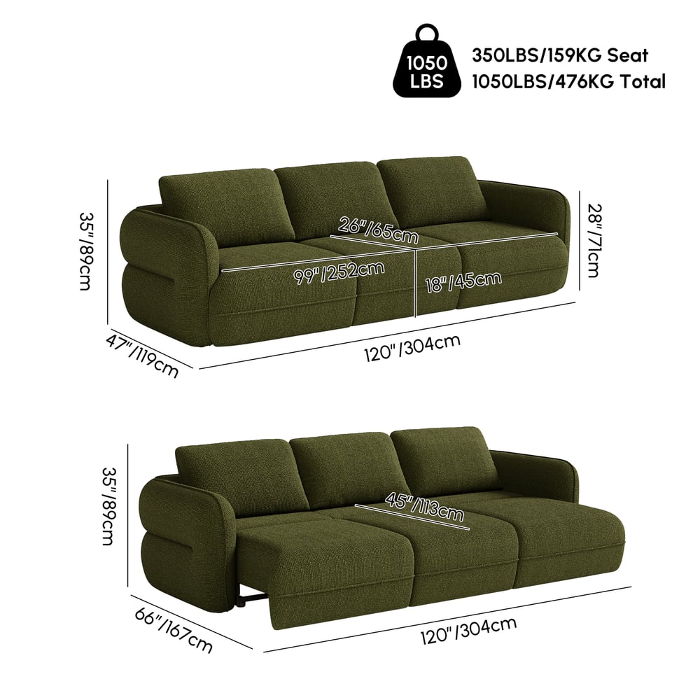 Modern 304cm 3-Seater Chenille Power Convertible Sleeper Sofa with Remote Control weights dimensions image