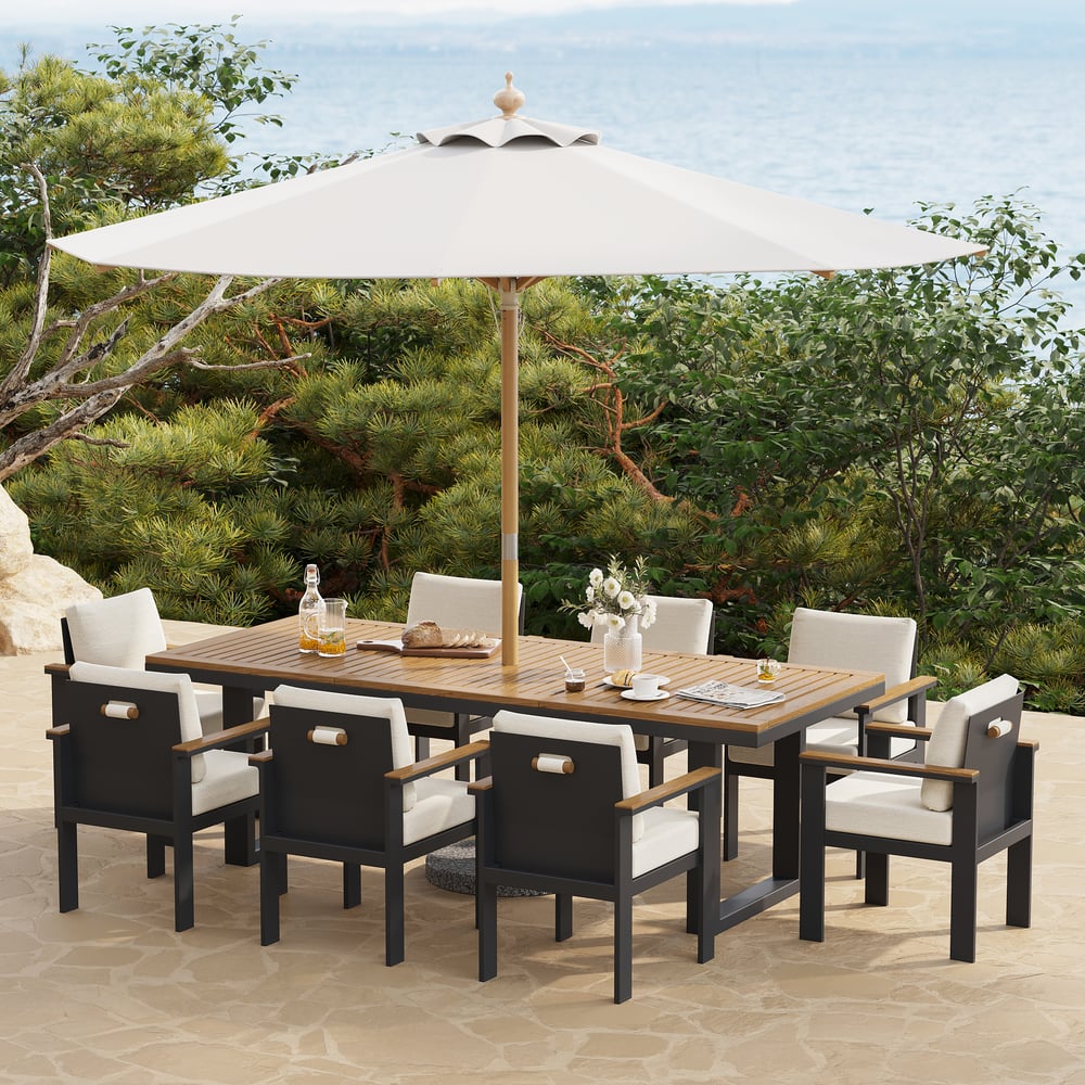 Tevara 10 Pieces Rectangle Wood & Aluminium Outdoor Patio Dining Set with Central Pillar Umbrella window image