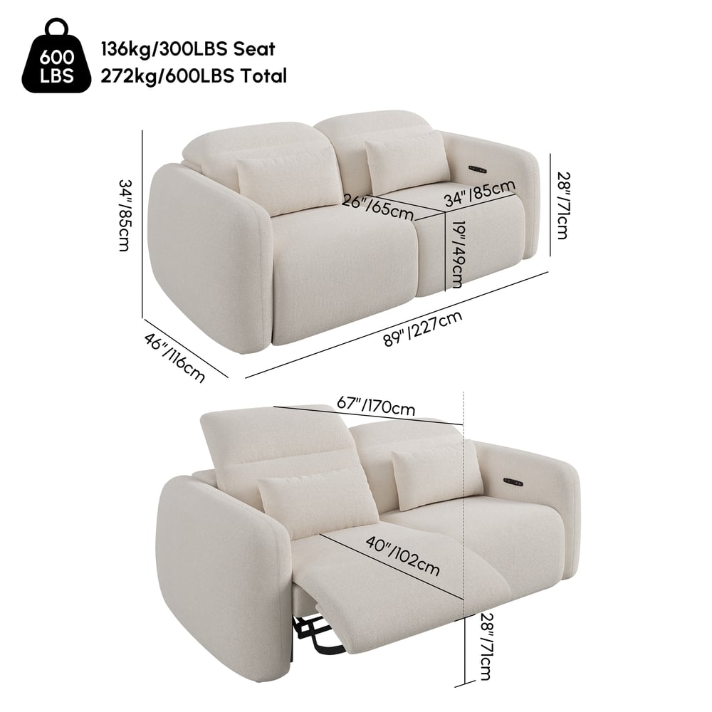 227 cm Chenille Zero Gravity Elektrische Relaxbank met Kussens Afbeelding met gewichten en afmetingen