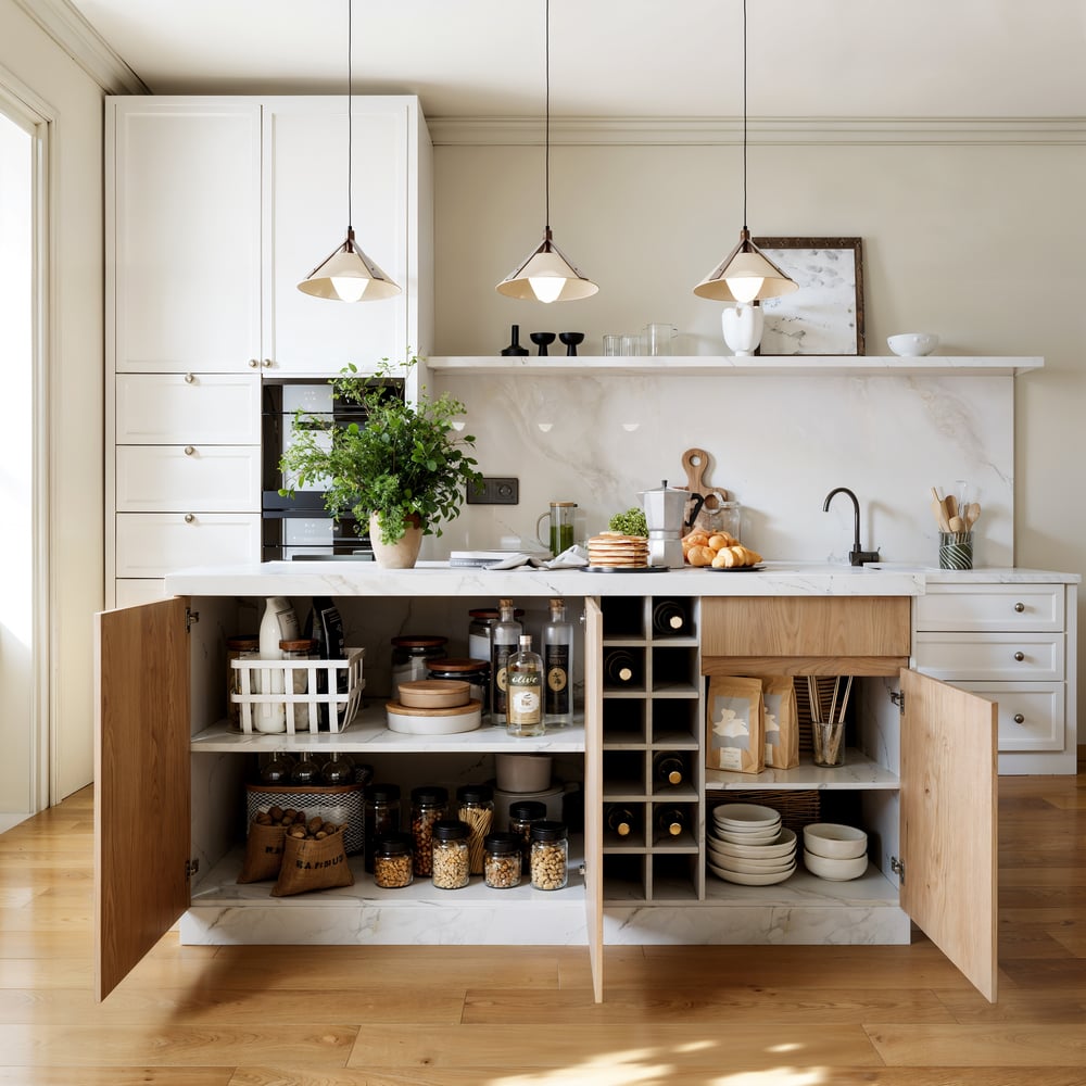 Japandi 72" White Kitchen Island with Storage & LED Lighting window image