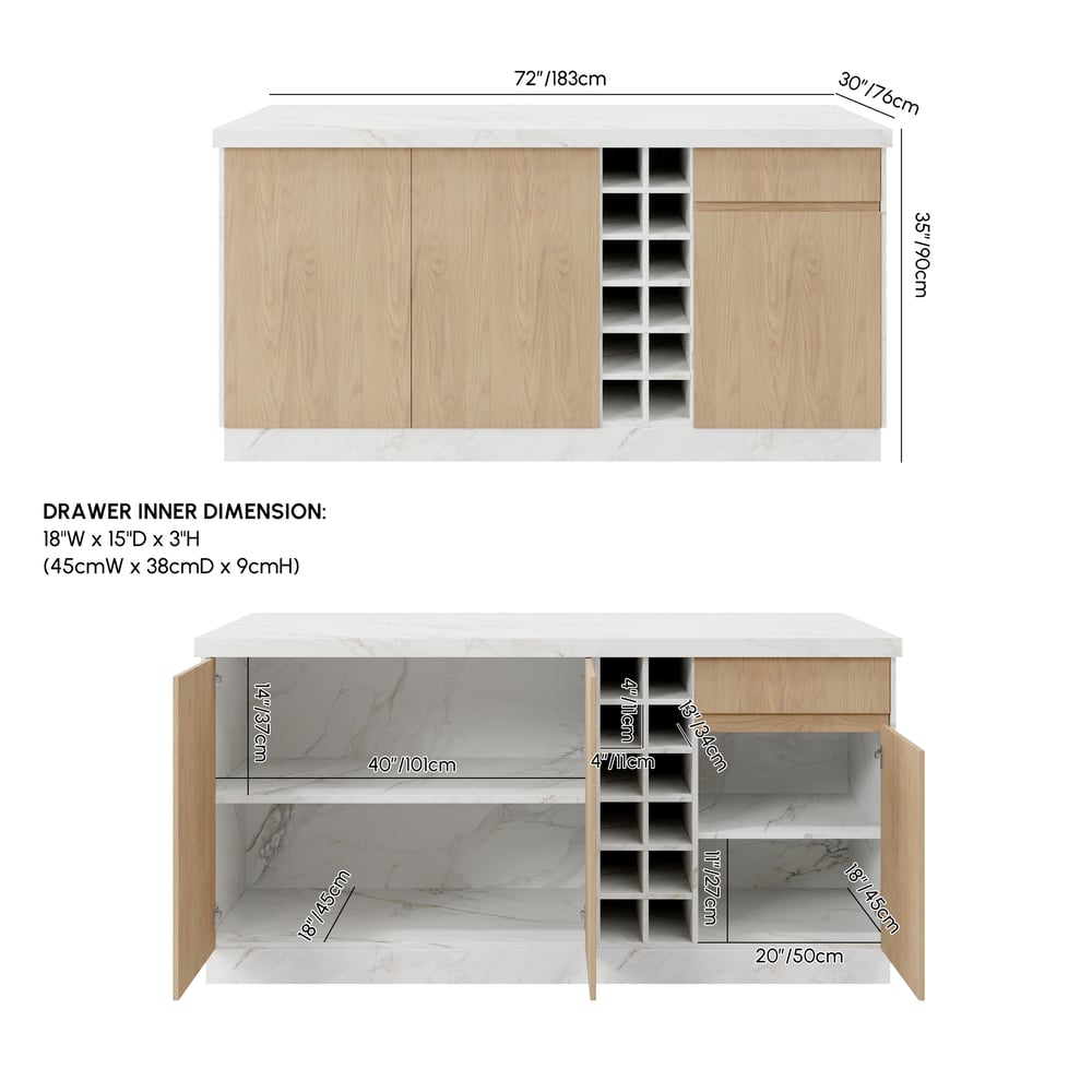 Japandi 72" White Kitchen Island with Storage & LED Lighting weights dimensions image