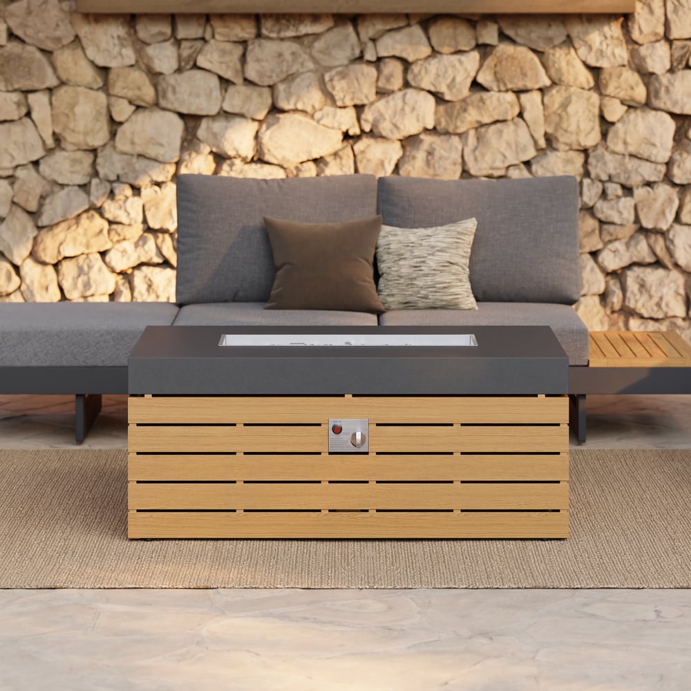 Tevara 5-Pieces Modular Teak Outdoor Sofa Set with Smokeless Fire Pit for 6 Person in Gray window image