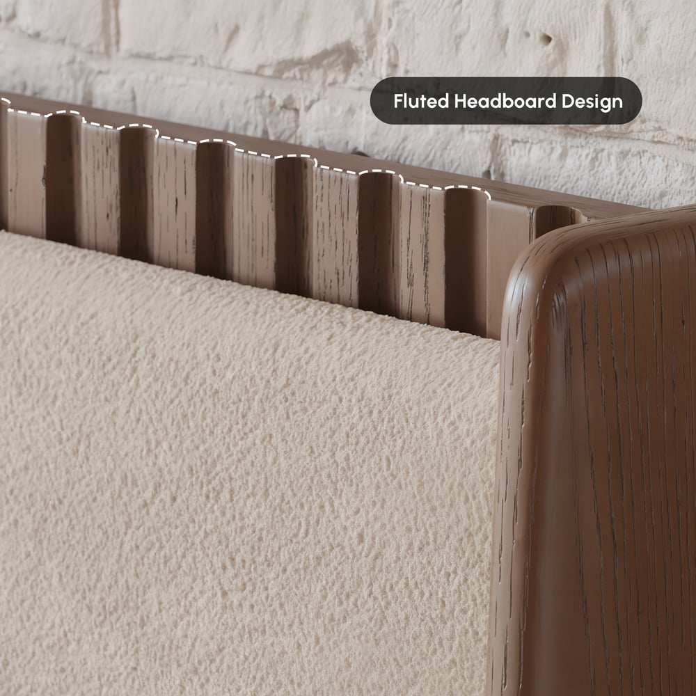 Modern Walnut Queen Size Solid Wood Bed with Boucle Headboard Pillows window image