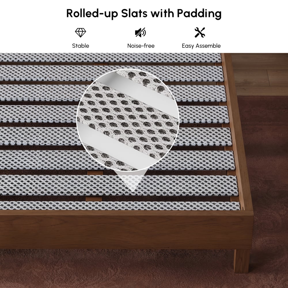 Modern Walnut Queen Size Solid Wood Bed with Boucle Headboard Pillows window image
