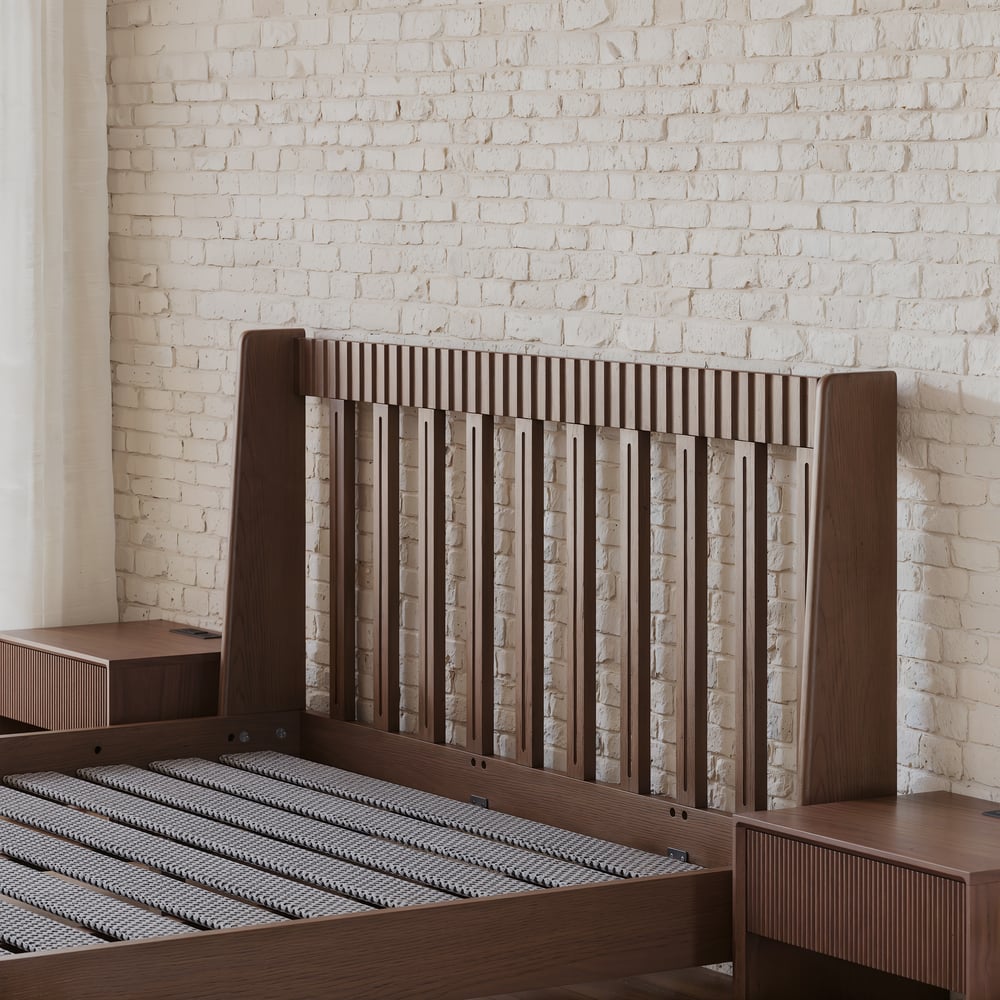 Modern Walnut Queen Size Solid Wood Bed with Boucle Headboard Pillows window image