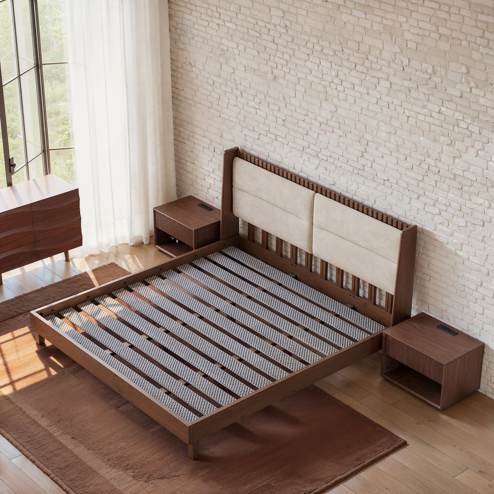 Modern Walnut Queen Size Solid Wood Bed with Boucle Headboard Pillows window image