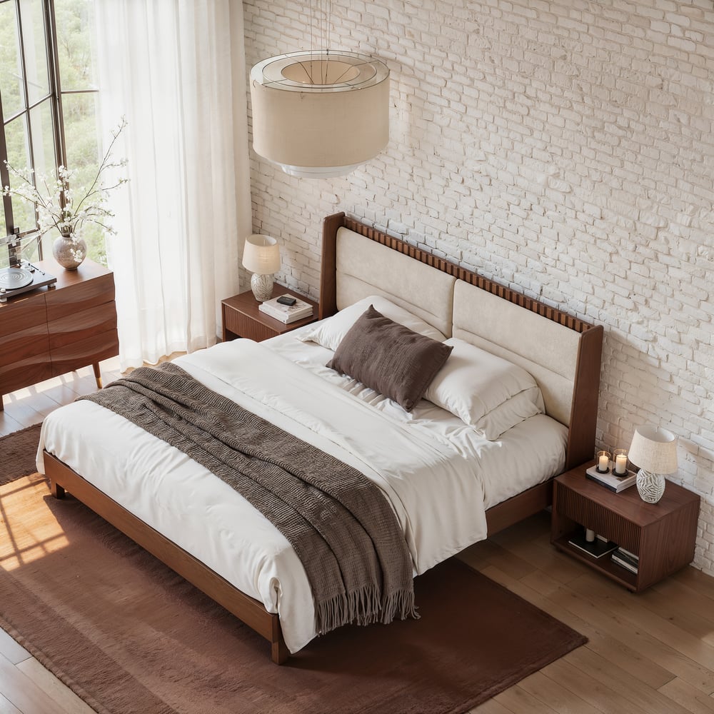 Modern Walnut Queen Size Solid Wood Bed with Boucle Headboard Pillows window image