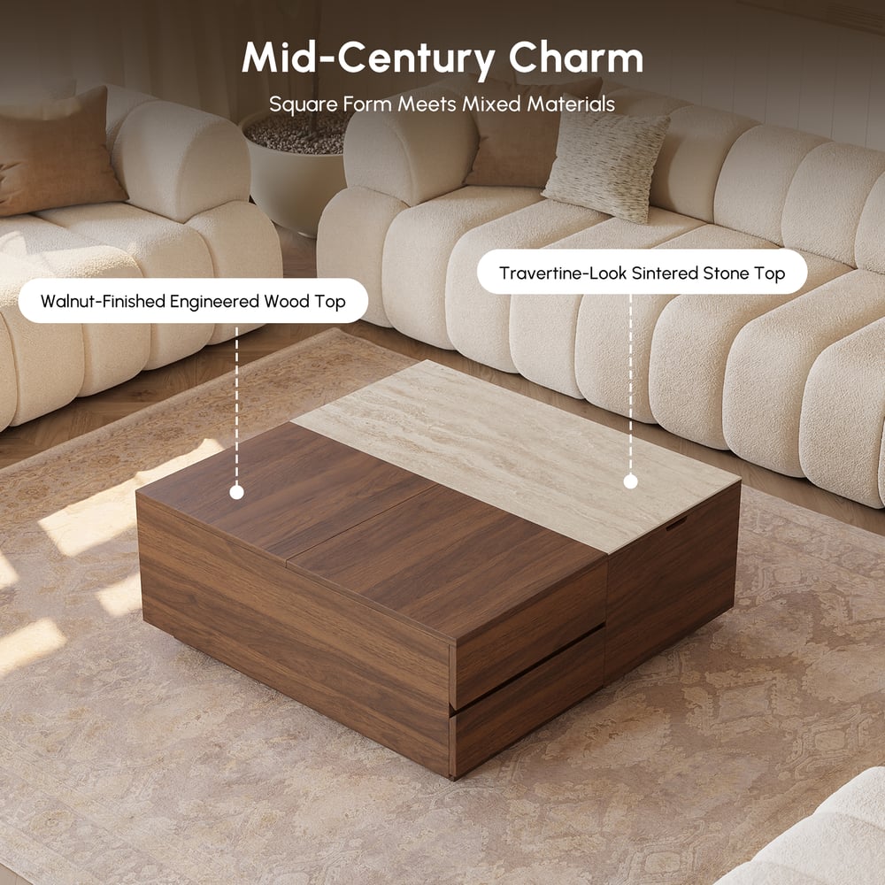 Table basse carrée relevable double 100 cm noyer avec plateau en pierre frittée et rangement image de fenêtre