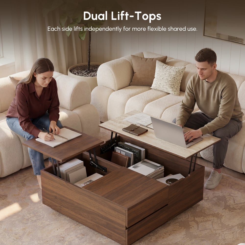 Table basse carrée relevable double 100 cm noyer avec plateau en pierre frittée et rangement image de fenêtre