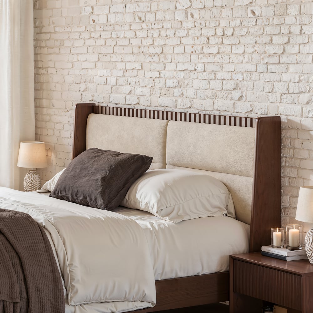 Modern Walnut Queen Size Solid Wood Bed with Boucle Headboard Pillows window image