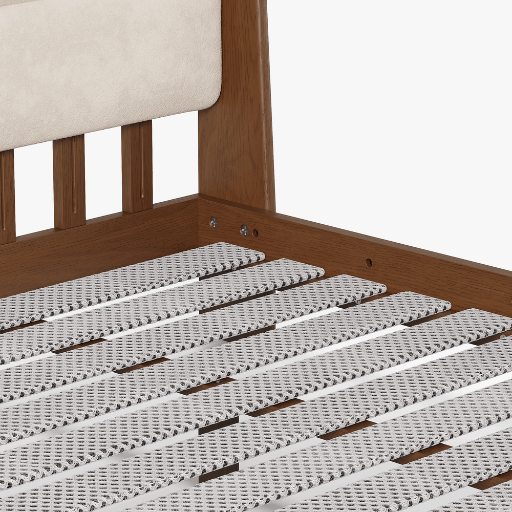 Modern Walnut Queen Size Solid Wood Bed with Boucle Headboard Pillows window image