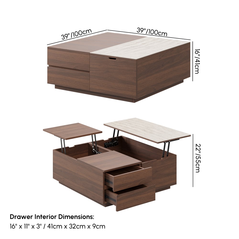 Table basse carrée relevable double 100 cm noyer avec plateau en pierre frittée et rangement Poids, dimensions, image