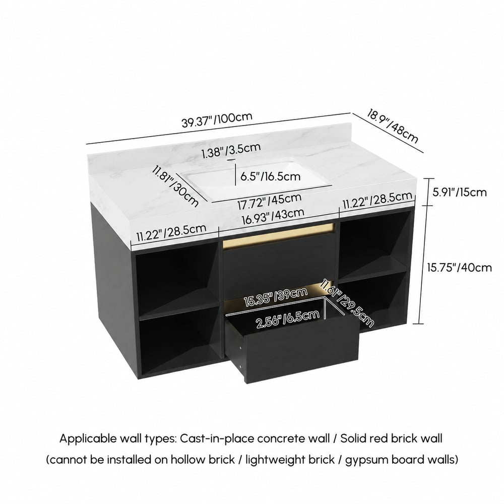 Black floating vanity set with ceramic sink, 2 drawers and open shelves weights dimensions image