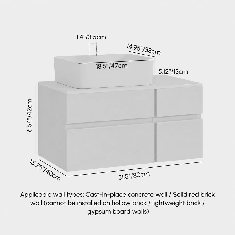 Modernes hängendes Einzel-Waschbeckenunterschrank 80 cm mit Steinharzplatte und Keramikbecken Bild der Gewichte & Abmessungen