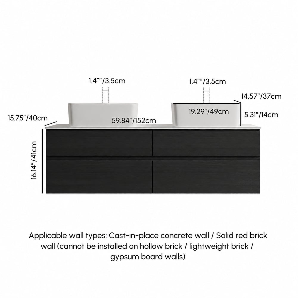 Modern 60" Floating Double Bathroom Vanity with Stone Resin Top, Ceramic Basin weights dimensions image