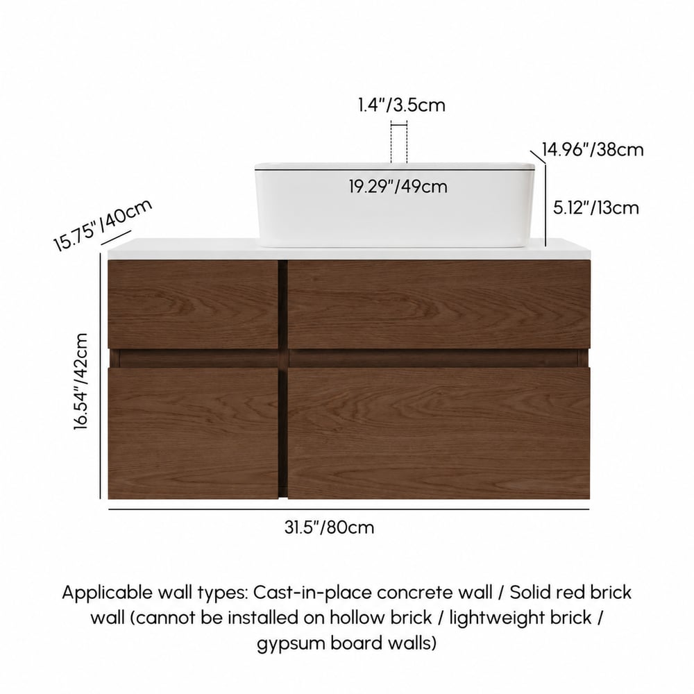 Meuble sous-vasque simple suspendu moderne de 80 cm avec plateau en résine de pierre et lavabo en céramique Poids, dimensions, image